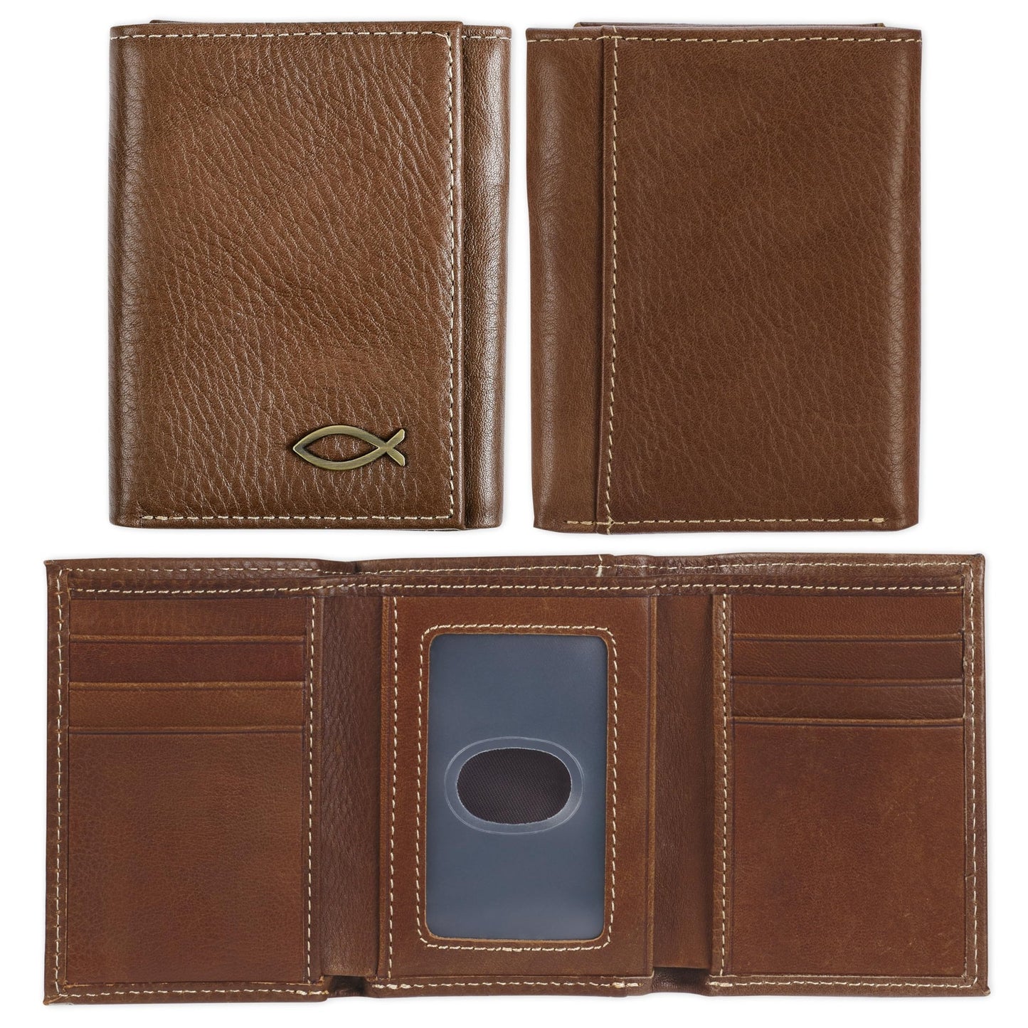 Christian Art Gifts Genuine Premium Full Grain Leather RFID Blocking Silver Engraved Cross Wallet for Men: Multi Pocket Billfold w/Removable ID Window Accessory for Credit Cards, Bills, Photos, Black