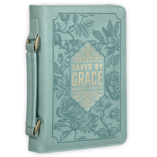 Christian Art Gifts Fashion Vegan Leather Bible Cover for Women: Saved by Grace Inspirational Bible Verse, Debossed Floral & Gold, Cute Sturdy Easy Carry Book Case Accessory, Pen Loops, Pockets, Teal