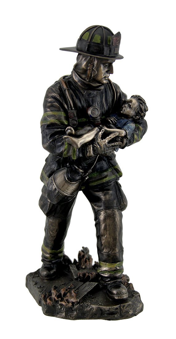 Resin Statues Firefighter Carrying Child Metallic Bronze Statue 11 Inches Tall 5 X 11 X 4.5 Inches Bronze