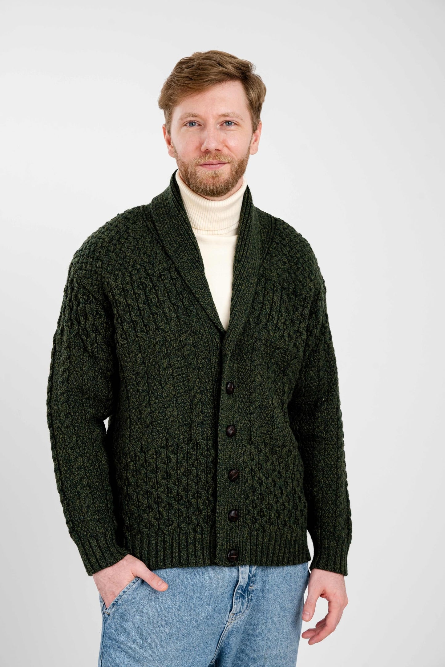 SAOL Men's Cardigan Merino Wool Knit Shawl Collar Casual Sweater with Buttons