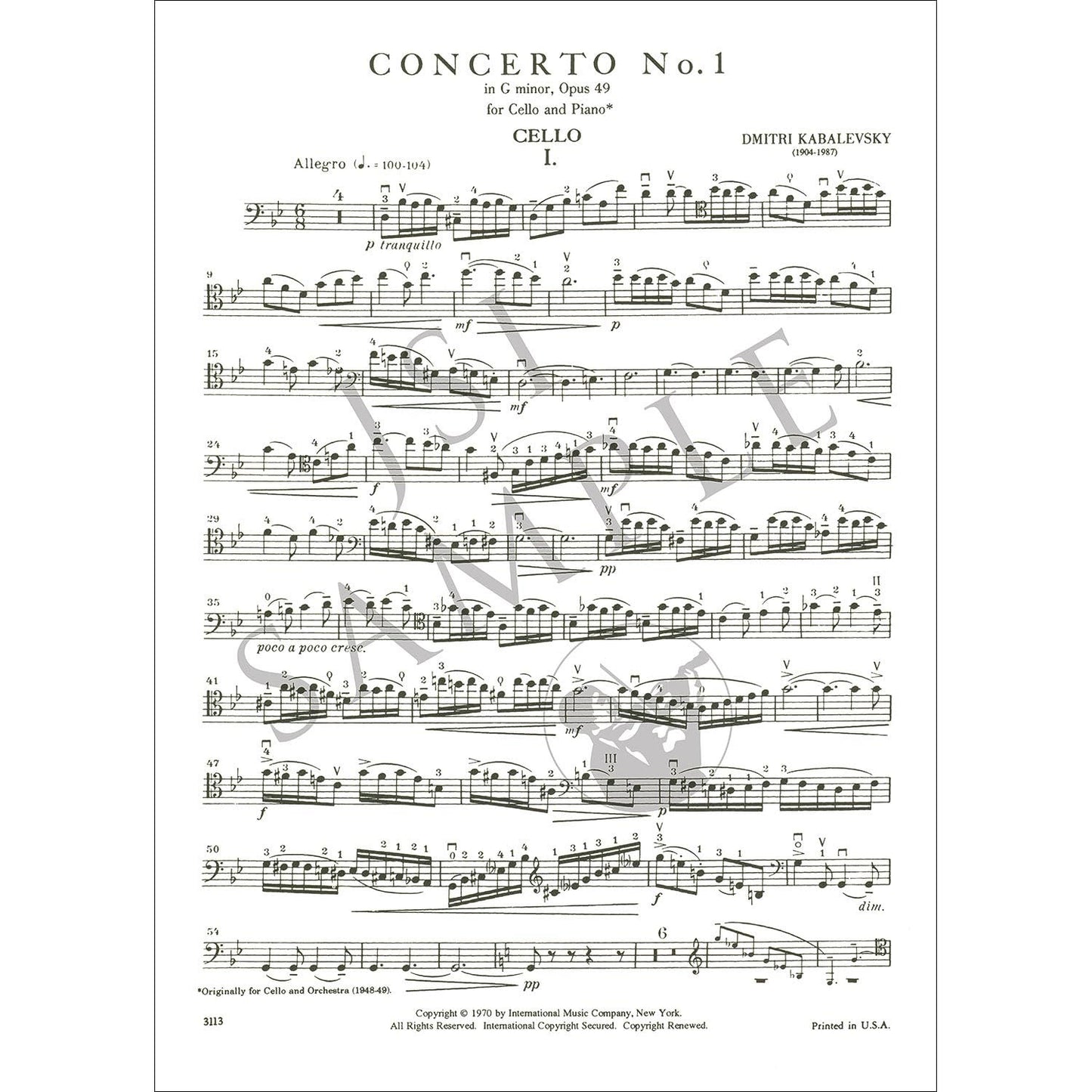 Concerto No.1 in G Minor Opus 49 for Cello and Piano by Dmitry Kabalevsky [Paperback] Dmitri Kabalevsky