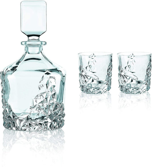 Nachtmann Sculpture 3-Piece Crystal Whiskey Set - 26.5oz Decanter with Stopper & 12oz Tumblers, Luxurious Glassware for Elegant Home Bars & Whiskey Enthusiasts - Durable Modern Glass Collection