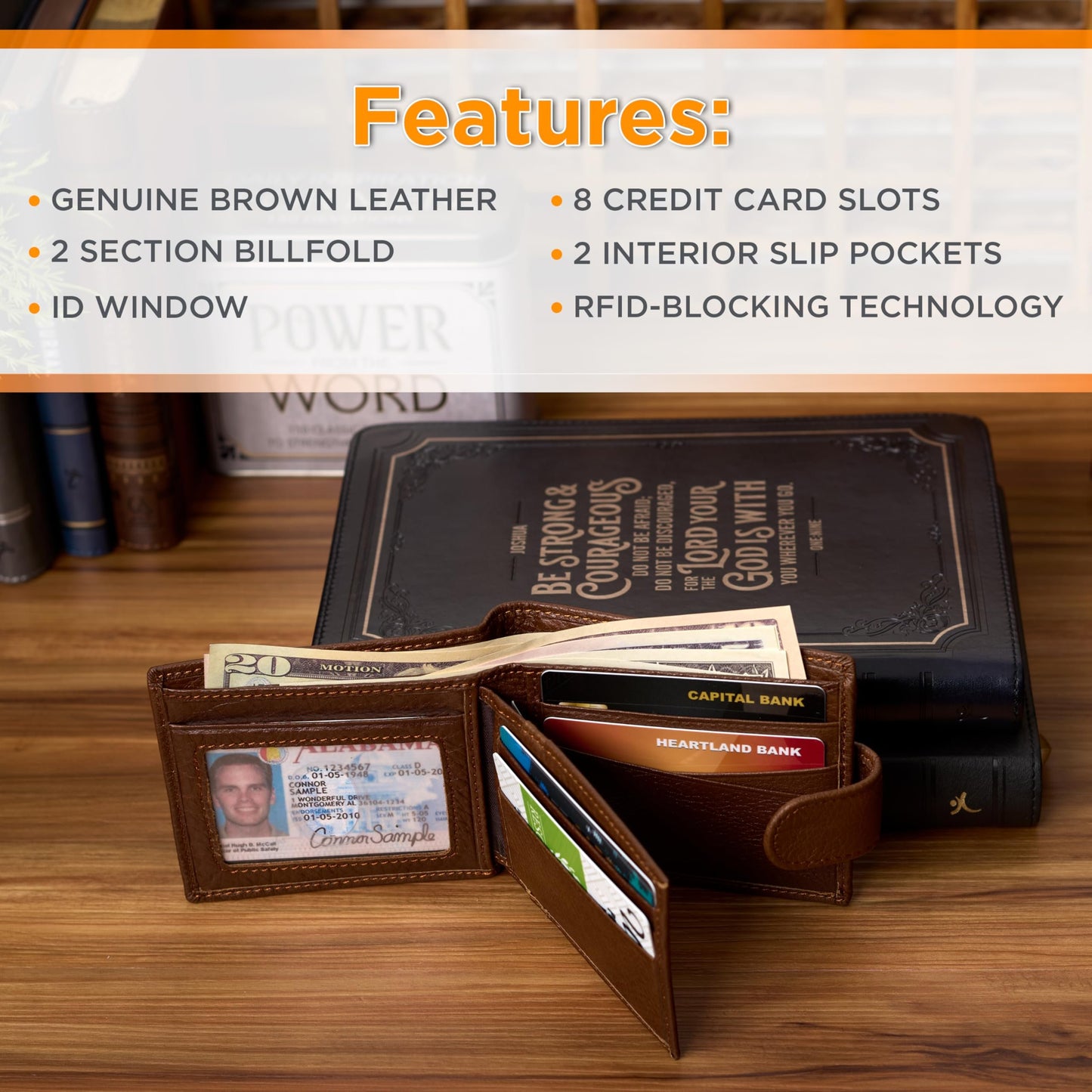 Christian Art Gifts Genuine Premium Full Grain Leather RFID Blocking Silver Engraved Cross Wallet for Men: Multi Pocket Billfold w/Removable ID Window Accessory for Credit Cards, Bills, Photos, Black