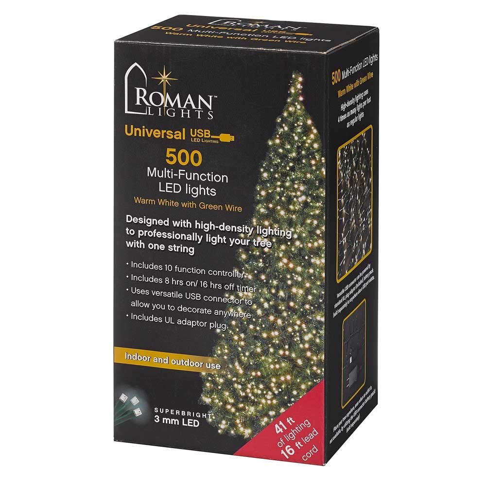 Roman 42-Foot USB LED 500L Warm White Christmas Light Set – Green Cord with 10-Function Controller & Off Timer – Energy-Efficient Holiday Lights for Indoor/Outdoor Use