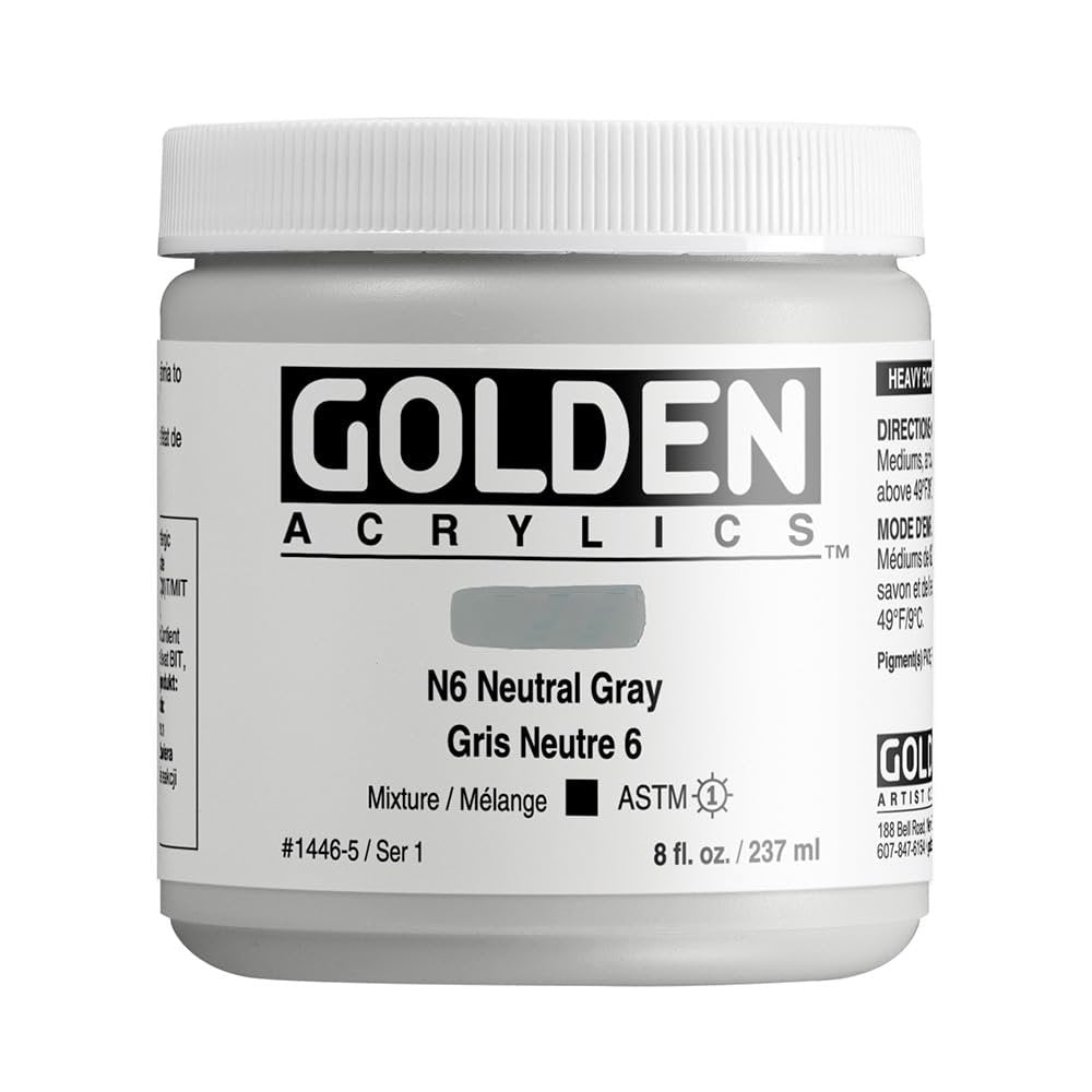 Heavy Body Acrylics by GOLDEN, N6 Neutral Gray, 8 fl. oz. Jar, Professional Acrylic Paint, Opaque