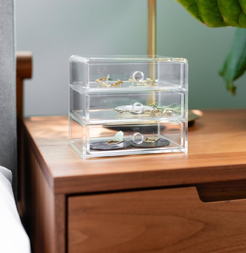 Huang Acrylic Clear Acrylic 3-Drawer Chest for Jewelry and Accessories