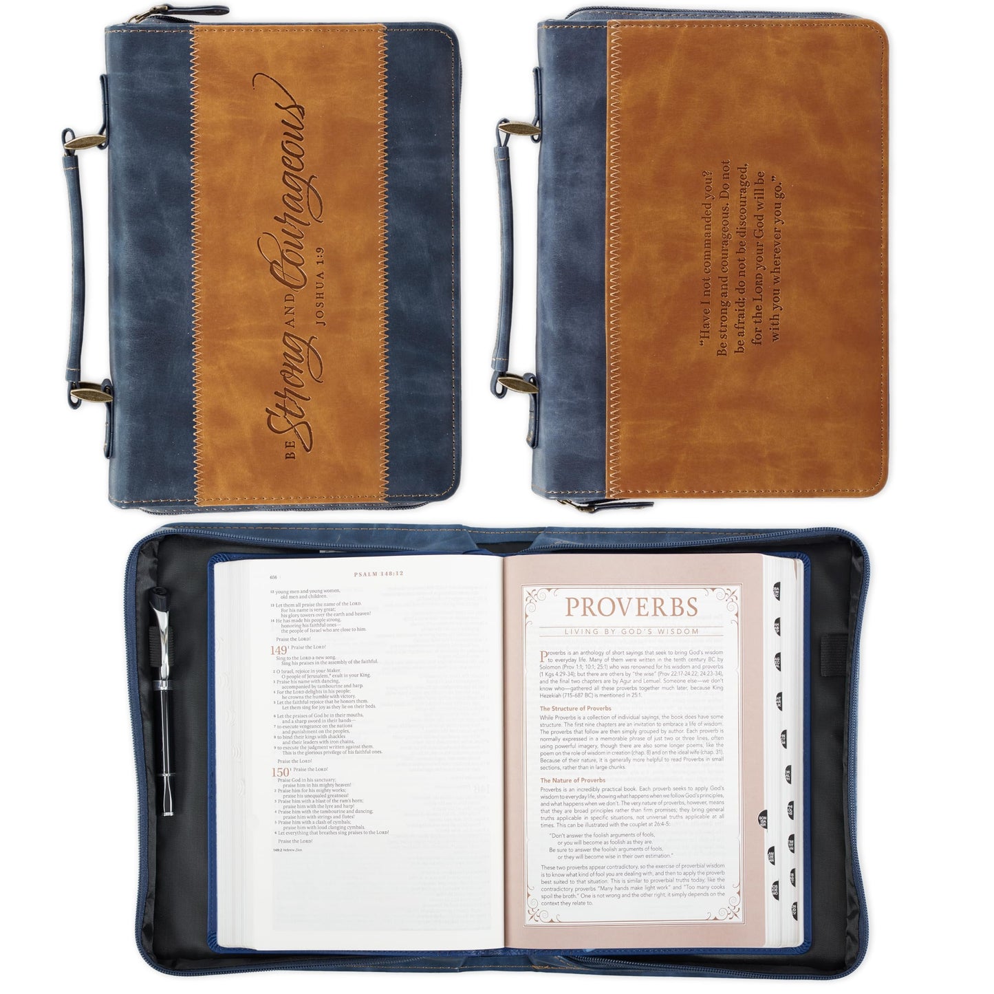 Christian Art Gifts Classic Vegan Leather Bible Cover Carry Case for Men & Women: Strong & Courageous Debossed Inspirational Scripture, Pen Loops, Ribbon Bookmarks, Pockets, Navy Blue & Brown