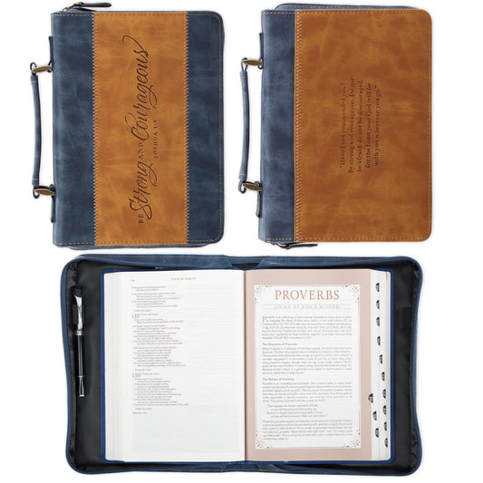 Christian Art Gifts Classic Vegan Leather Bible Cover Carry Case for Men & Women: Strong & Courageous Debossed Inspirational Scripture, Pen Loops, Ribbon Bookmarks, Pockets, Navy Blue & Brown