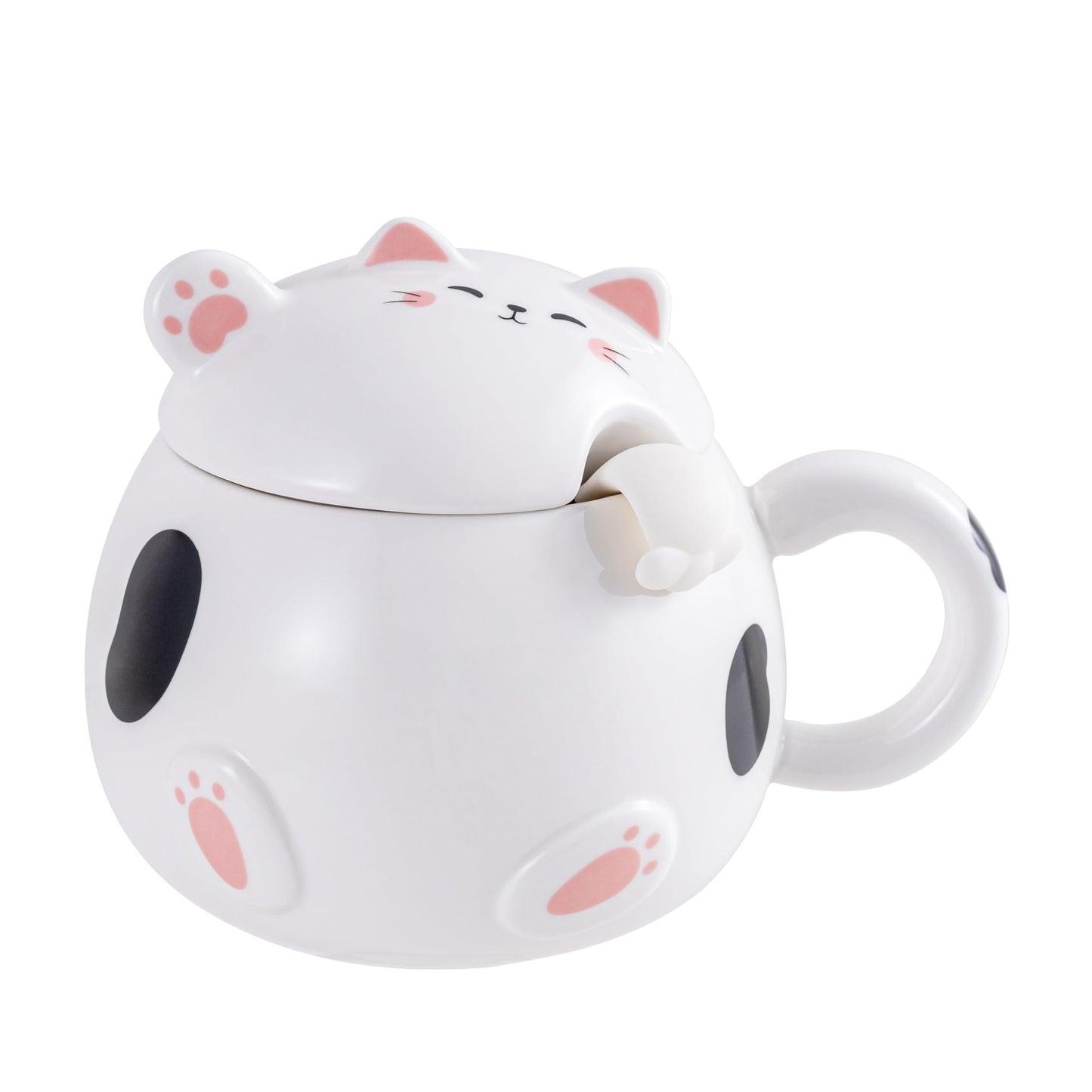 Urban Tokyo Whimsical Cat Mug Adorable Coffee Mug Ceramic Cup Novelty Mug with Lid and Stainless Steel Spoon 15 fl oz Lovely Kitten Neko