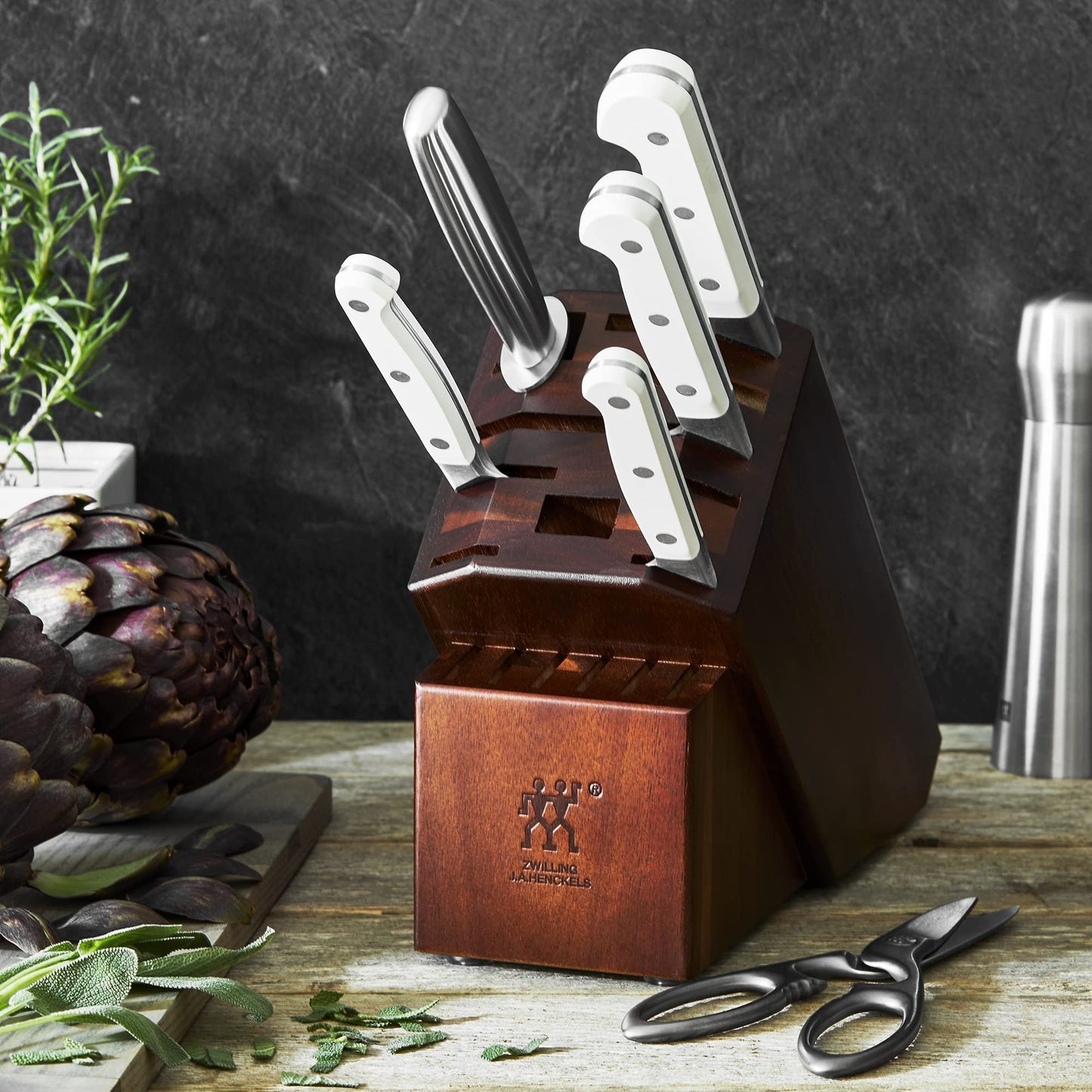 ZWILLING Pro Le Blanc 7-pc Knife Block Set, 4 Essential Knives, Honing Steel, Shears, Acacia Block, White Polymer Handle, Made in Germany