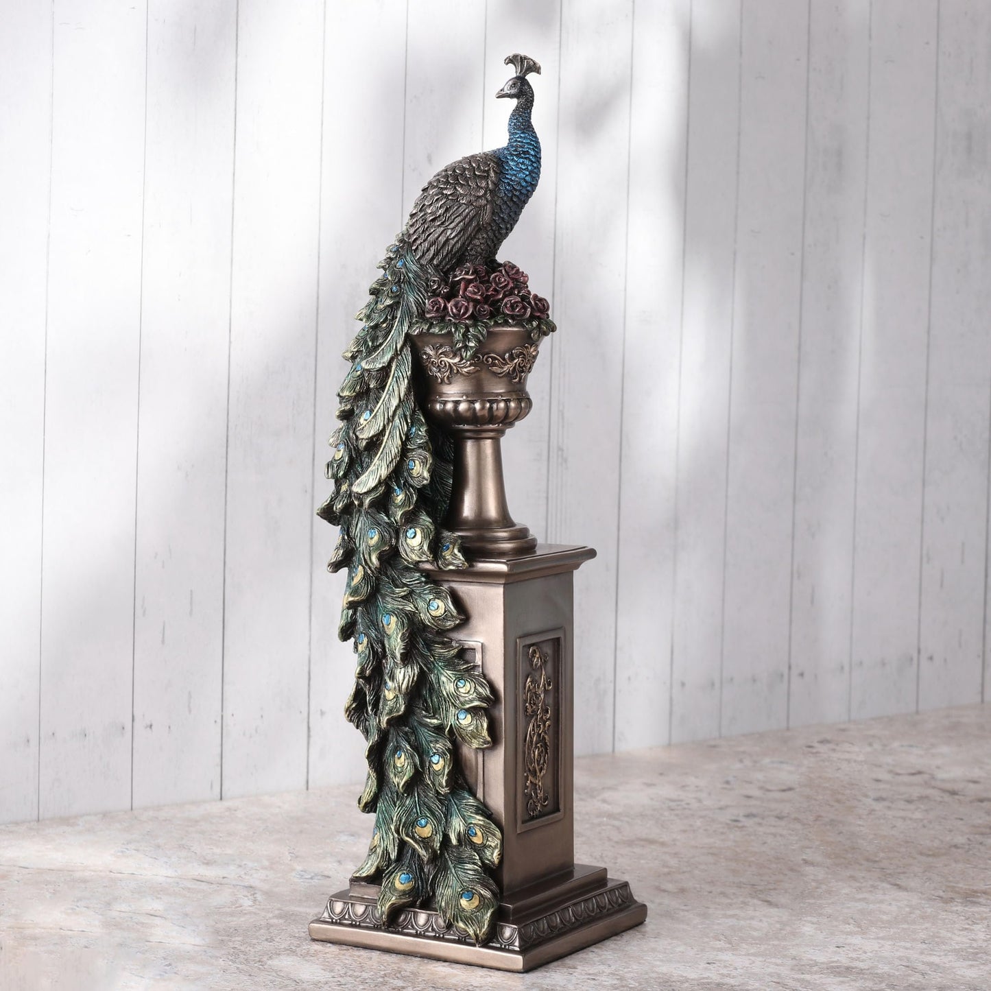 Veronese Design 13 5/8 Inch Peacock Perching On Column Vase Cold Cast Resin Bronze Finish Sculpture Animal Home Decor Statue