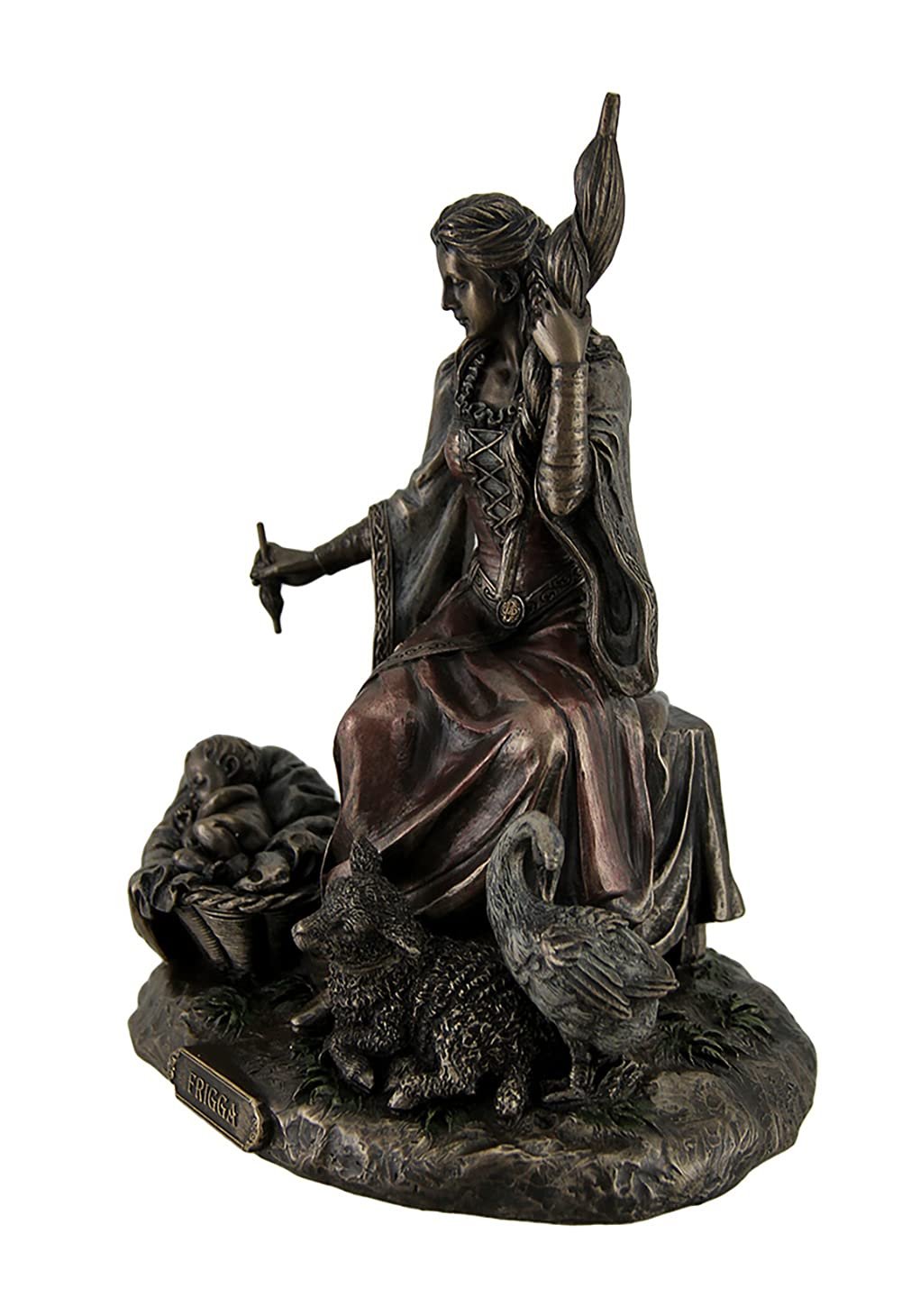 Resin Statues Frigga Norse Goddess Of Destiny Love And Marriage W/Infant Animals & Spindle 6 X 7.75 X 4.5 Inches Bronze