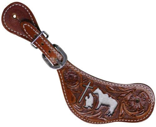 Showman Ladies Tooled Leather Spur Straps w/Cut Out Praying Cowboy & Cowhide