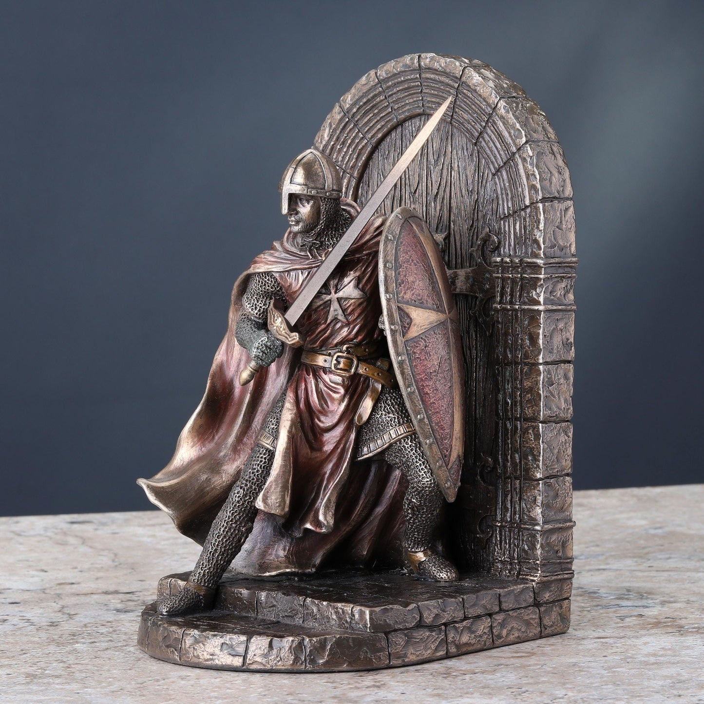 Maltese Crusader Statue in Armor Guarding Door Holding Shield & Sword Bronze Finish Resin Bookend 7.5 Inches High