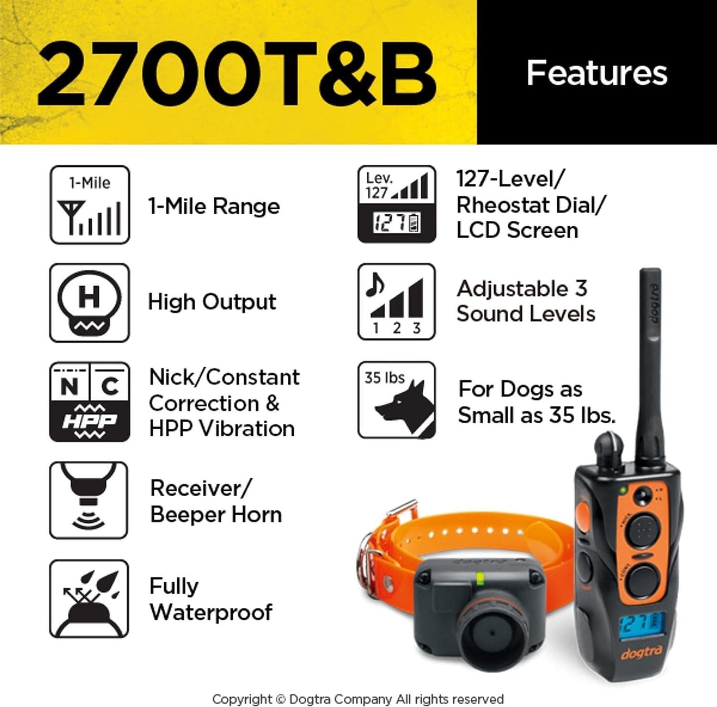 Dogtra 2700T&B Series Long Range 1-Mile Training & Beeper Remote Dog Training E-Collar for Upland Gun Dogs