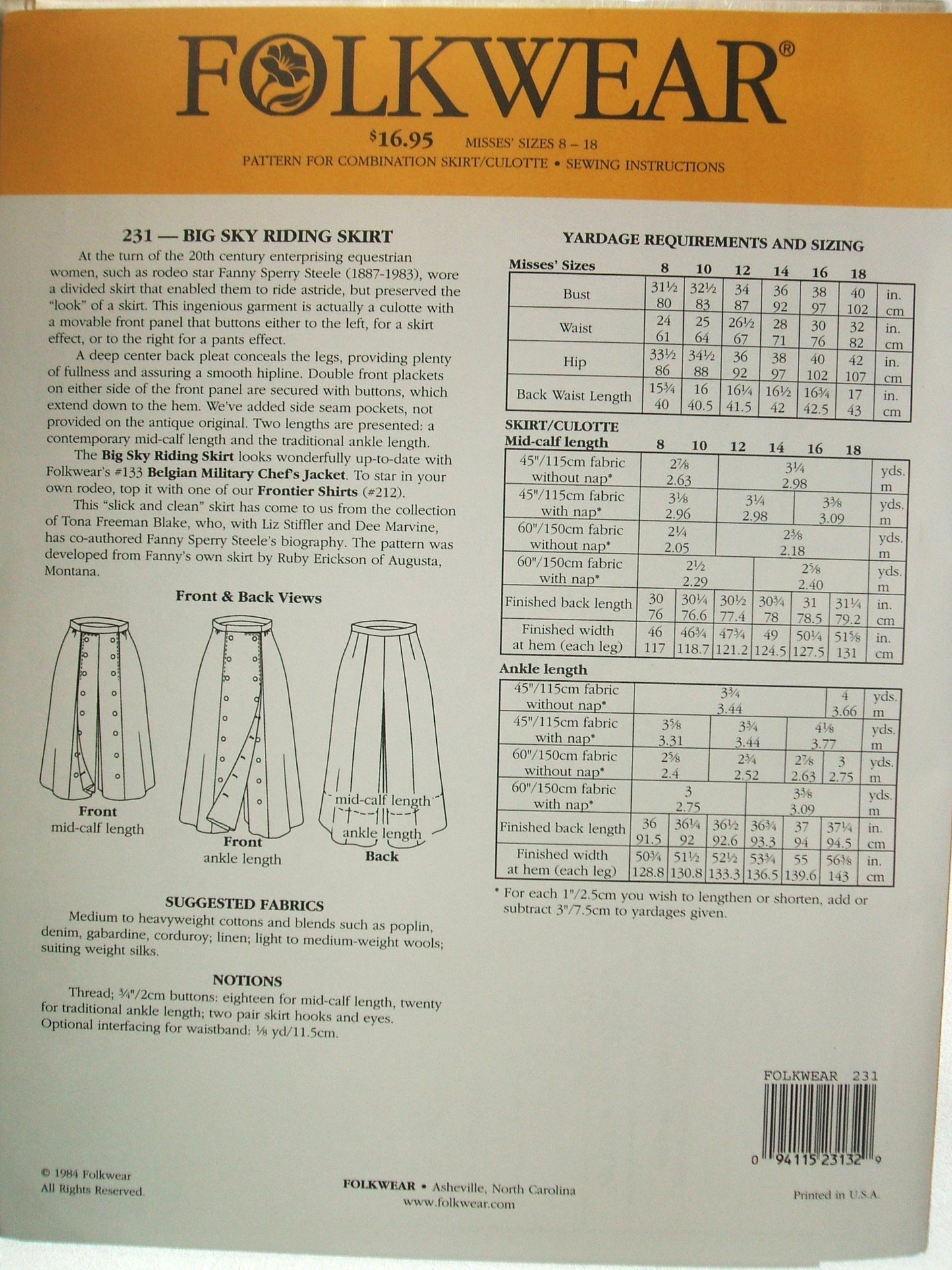 Folkwear #231 Big Sky Riding Skirt Western Cowgirl Sewing Costume Pattern