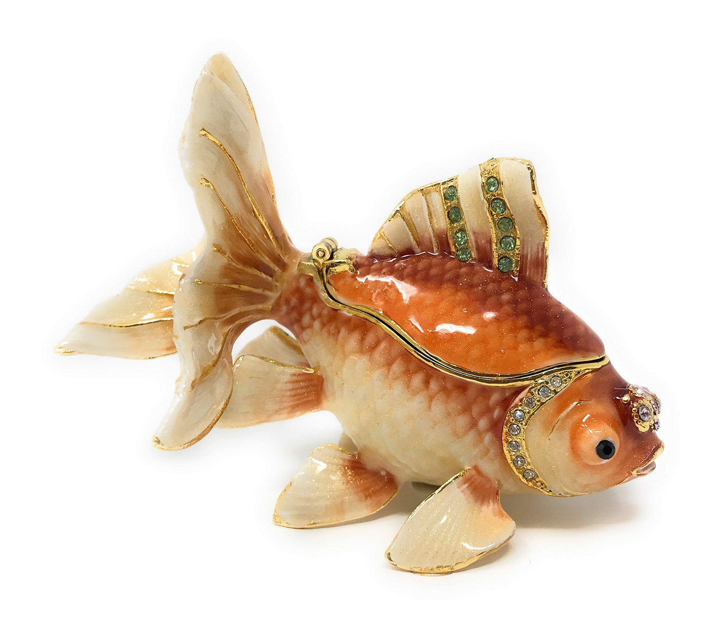 Kubla Crafts Enameled Fantail Koi Goldfish Trinket Box, Accented with Austrian Crystals, 3.5 Inches Long