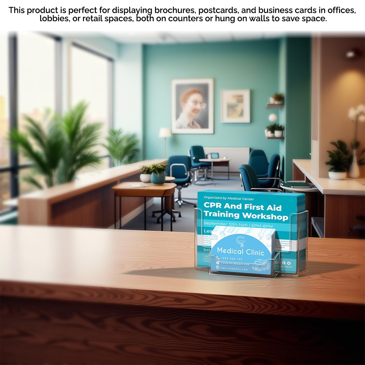 Marketing Holders Postcard Holder 6 Inch Wide with 3.5" x 2" Business Card Pocket and Hanging Hardware Wall Index Card Display Clear Acrylic Literature Organizer for Offices Shops and Tradeshows