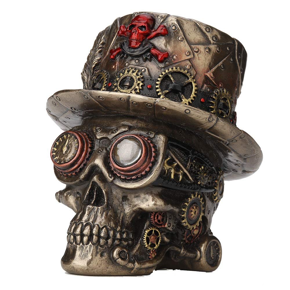 Veronese Design 4.5 Inch Steampunk Cross Bones Top Hat Motor Skull Antique Bronze Finish Sculpture Table Top Figurine