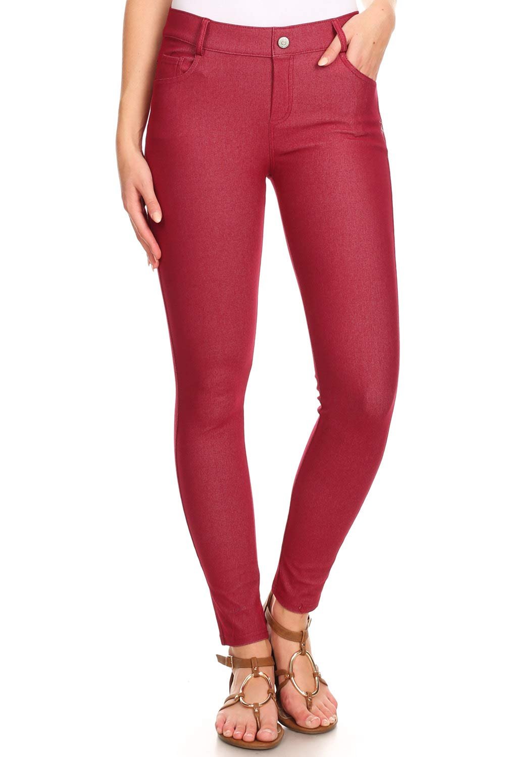 YELETE Women's Full Length Cotton-Blend 5-Pocket Skinny Jeggings Color BURGUNDY Size M