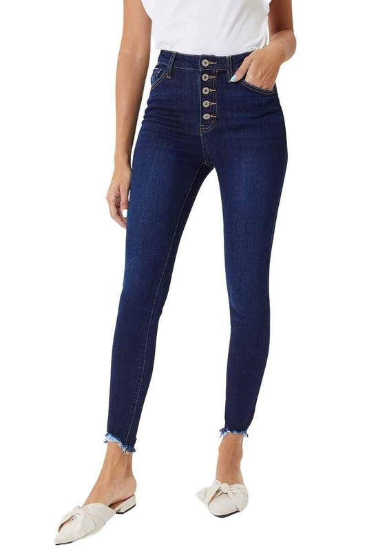 Kan Can Women's High Rise Button Fly Distressed Super Skinny Jeans