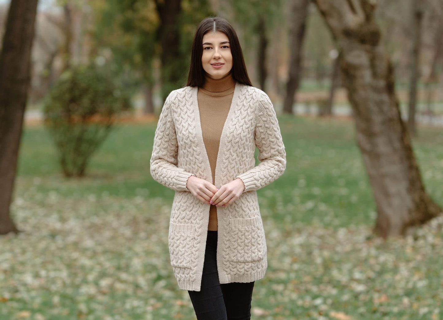 SAOL Aran Coat for Women - Irish Open Front Fisherman Cardigan with Pockets - Merino Wool Made in Ireland