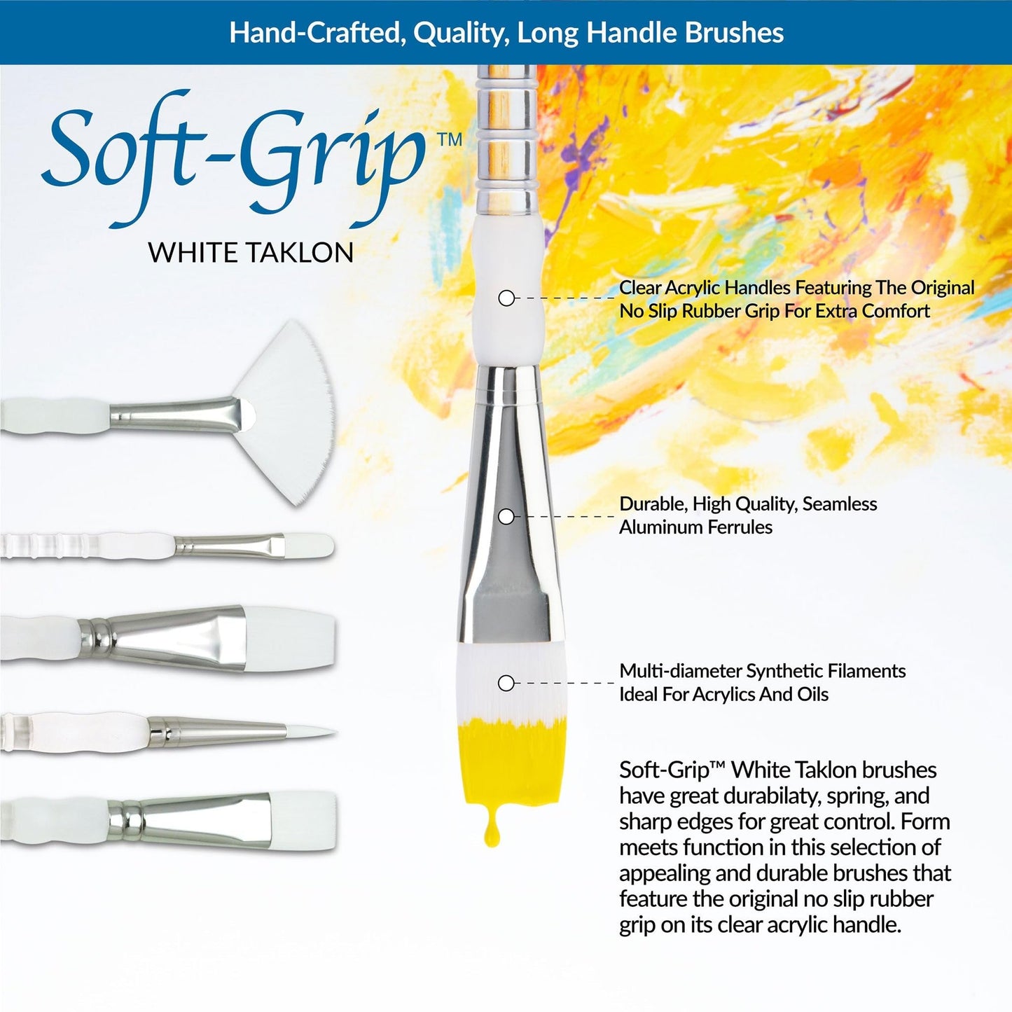 Royal and Langnickel Long Handle Soft Grip Taklon Variety Brush Set - White (Pack of 5)