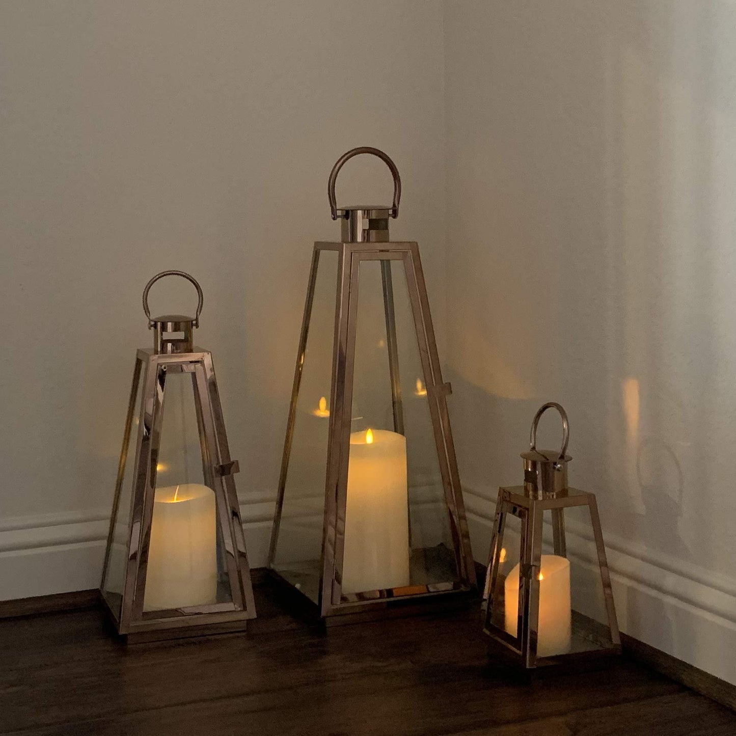 Allgala Lantern Set 3-PC Jumbo Deluxe Modern Indoor/Outdoor Candle Lantern Set with Chrome Plated Structure and Tempered Glass for Garden Poolside Fireplace Wedding