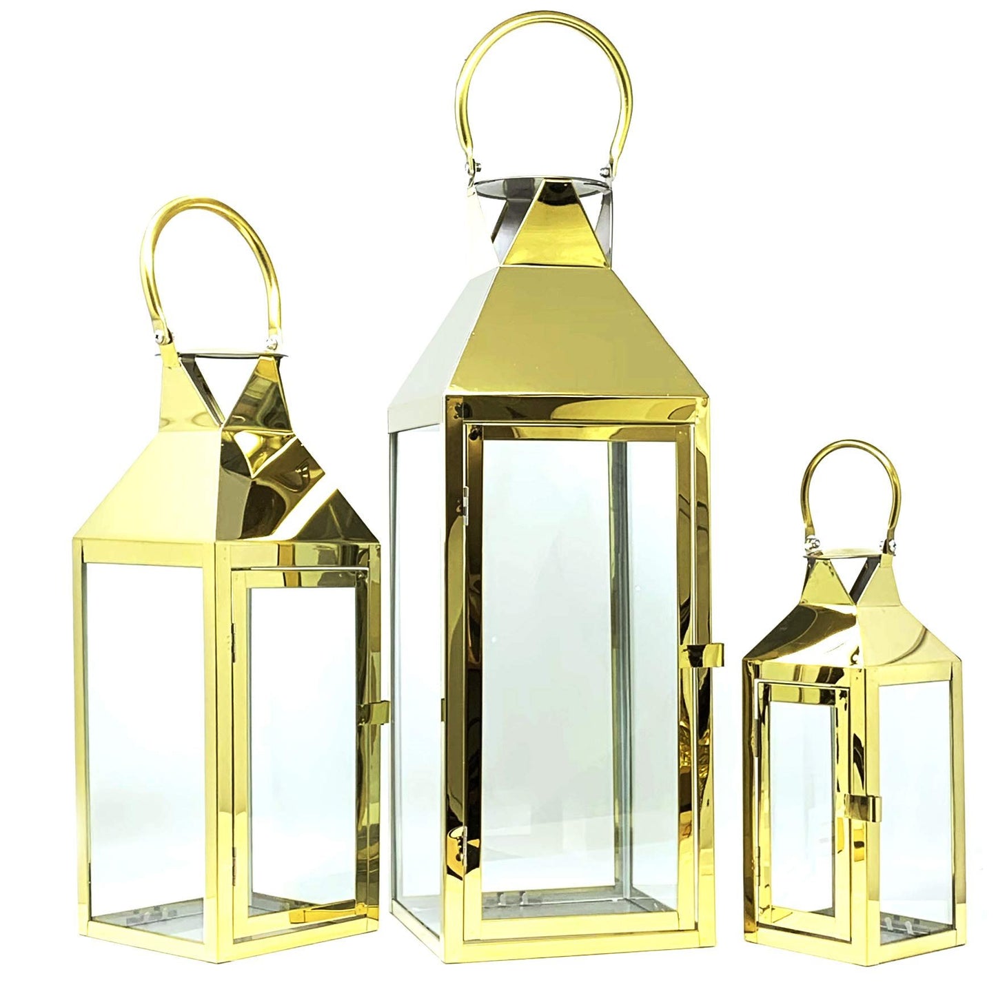 Allgala Lantern Set 3-PC Jumbo Deluxe Modern Indoor/Outdoor Candle Lantern Set with Chrome Plated Structure and Tempered Glass for Garden Poolside Fireplace Wedding