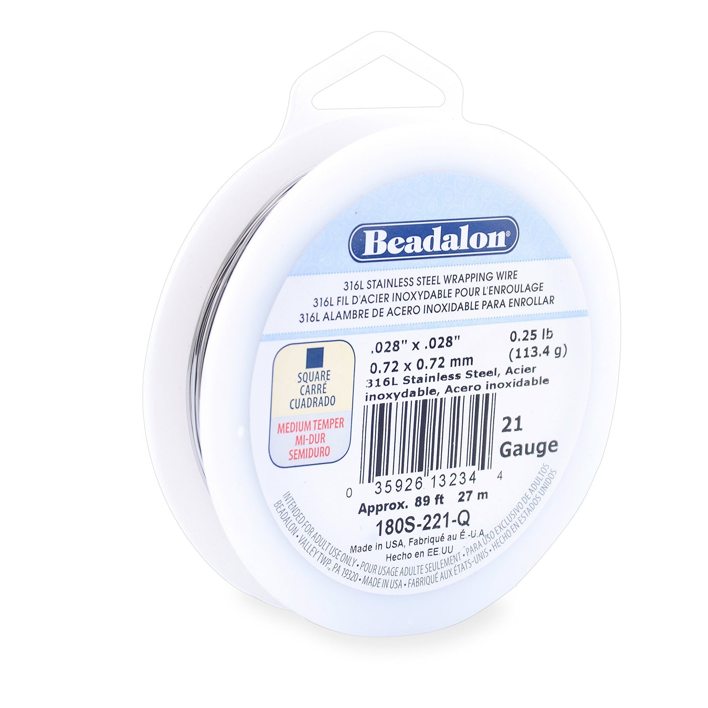 Beadalon 316L Stainless Steel Wrapping Wire, Square, 21 Gauge, 89 feet, 1/4 Pound
