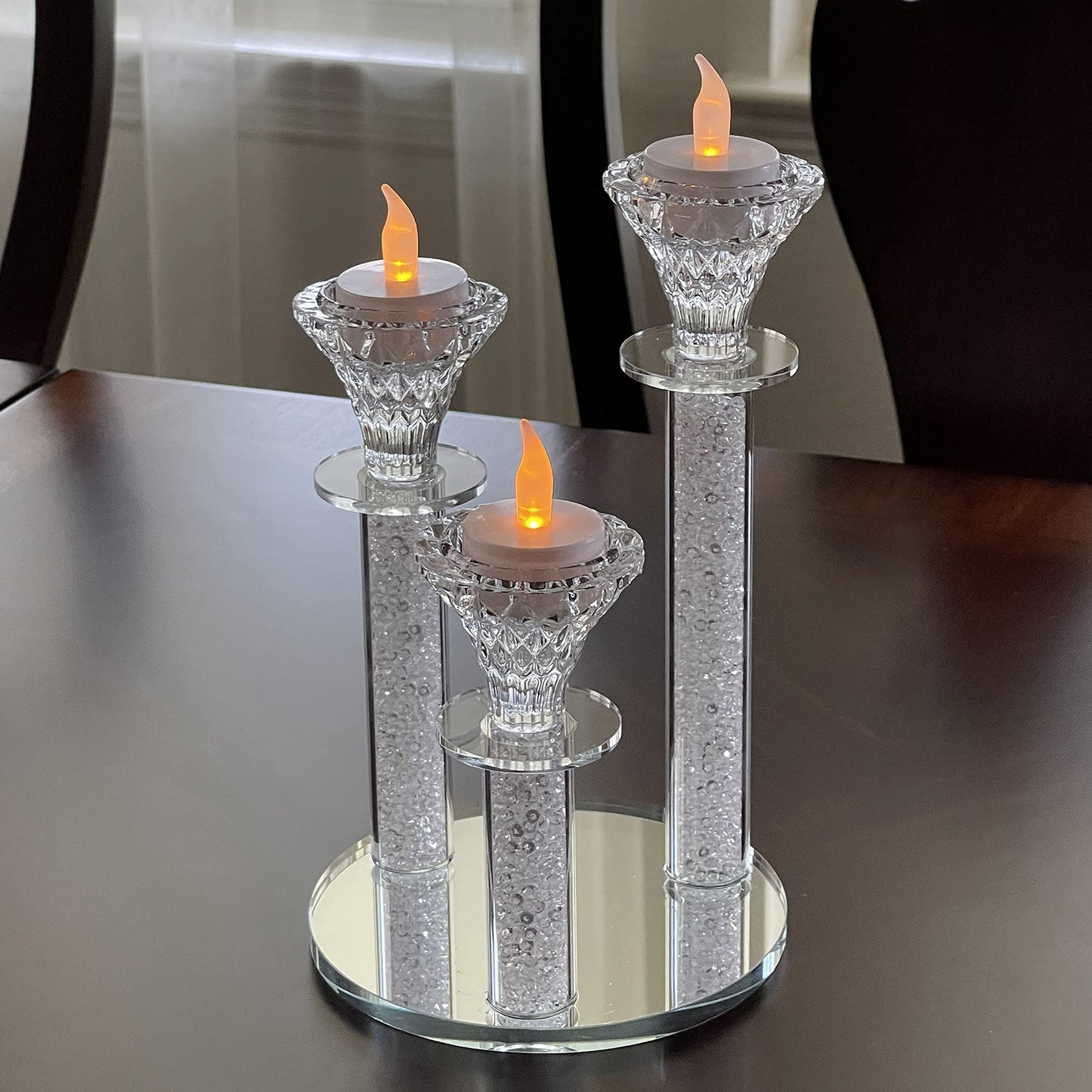 Allgala 9 Inch Tall 3-Pillar Filled with Diamond Like Stone Filled Crystal Candlesticks with Mirror Base