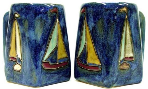 One (1) MARA STONEWARE COLLECTION - 12 Oz Coffee Cup Collectible Square Bottom Blue Dinner Mug - Sailboat Design