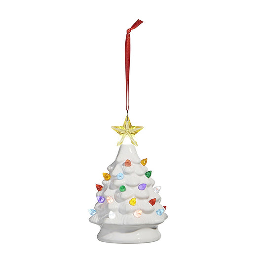 RAZ Imports Vintage White Lighted Tree Ornament, 5.35-inch Height, Porcelain and Plastic, Christmas, Home Décor