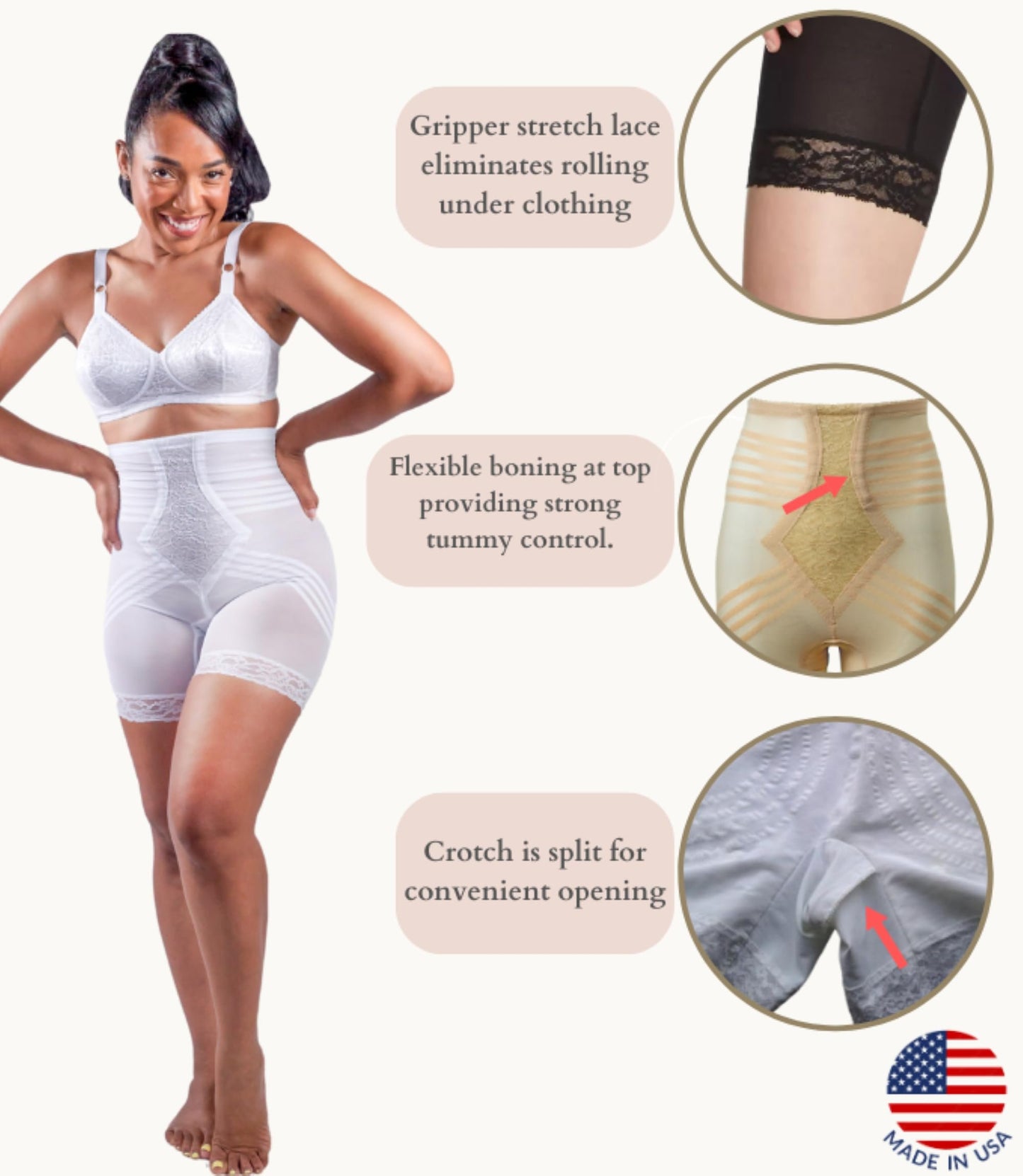 6209 High Waist Thigh Shaper | Size Sm - 15X | Made in USA | Flex Fit | No Top Roll | Firm - Extra Firm Tummy-Thigh Control