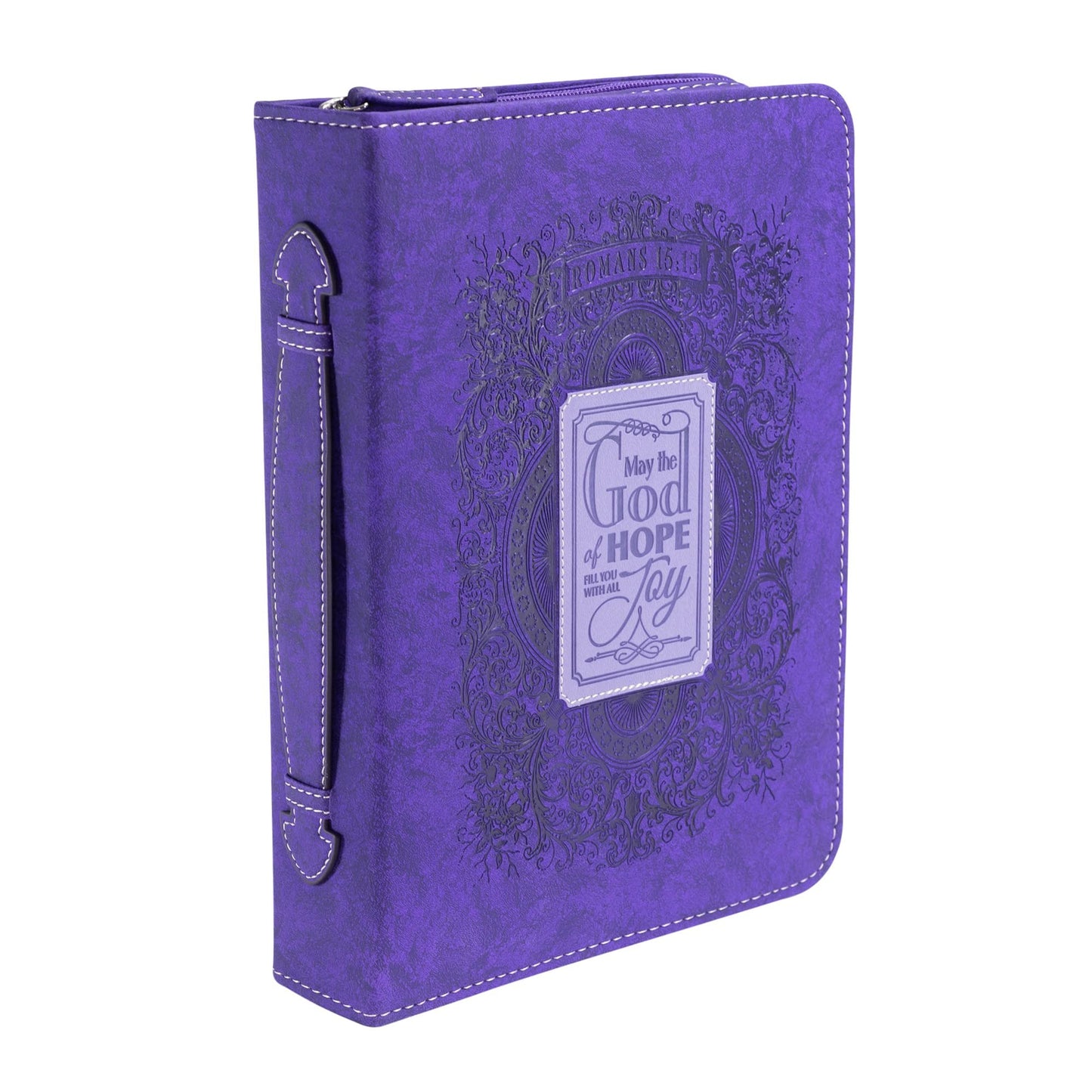 Hope Fill with Joy Purple Paisley 10 x 7 Vegan Leather Zippered Bible Cover with Handle, Large
