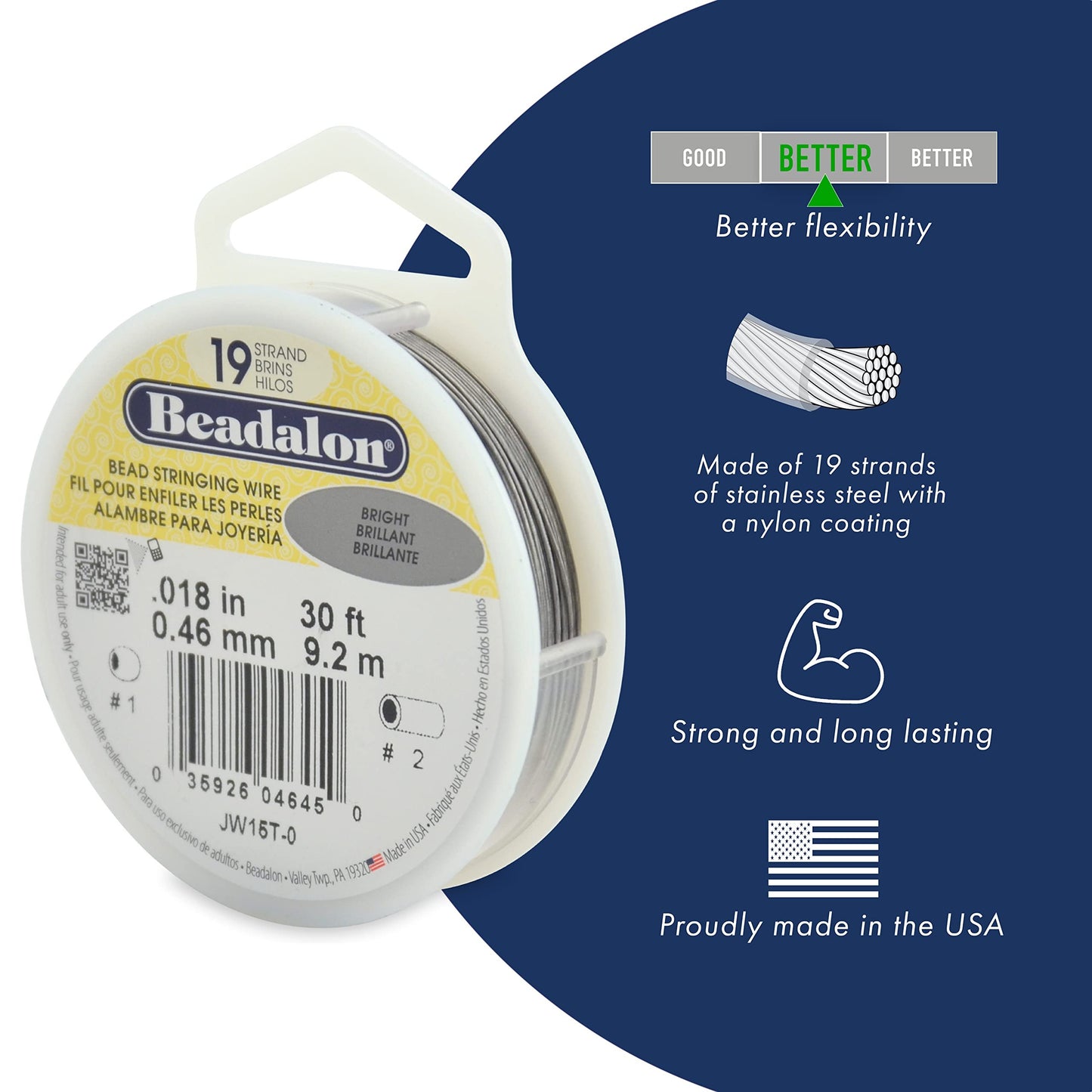 Beadalon 19 Strand Bead Stringing Wire - Beading & Jewelry Making Supplies, Flexible Stainless Steel Nylon Coated Thin String for Bracelets & Necklaces