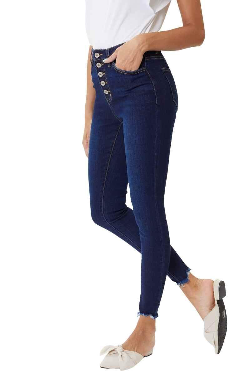 Kan Can Women's High Rise Button Fly Distressed Super Skinny Jeans