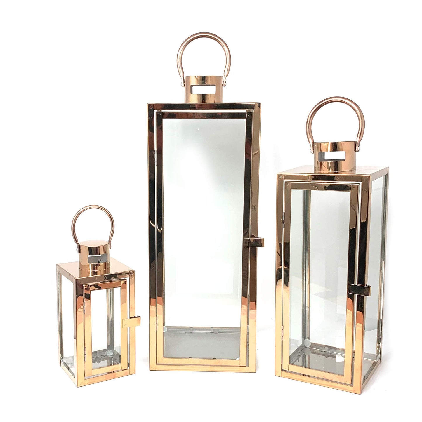 Allgala Lantern Set 3-PC Jumbo Deluxe Modern Indoor/Outdoor Candle Lantern Set with Chrome Plated Structure and Tempered Glass for Garden Poolside Fireplace Wedding