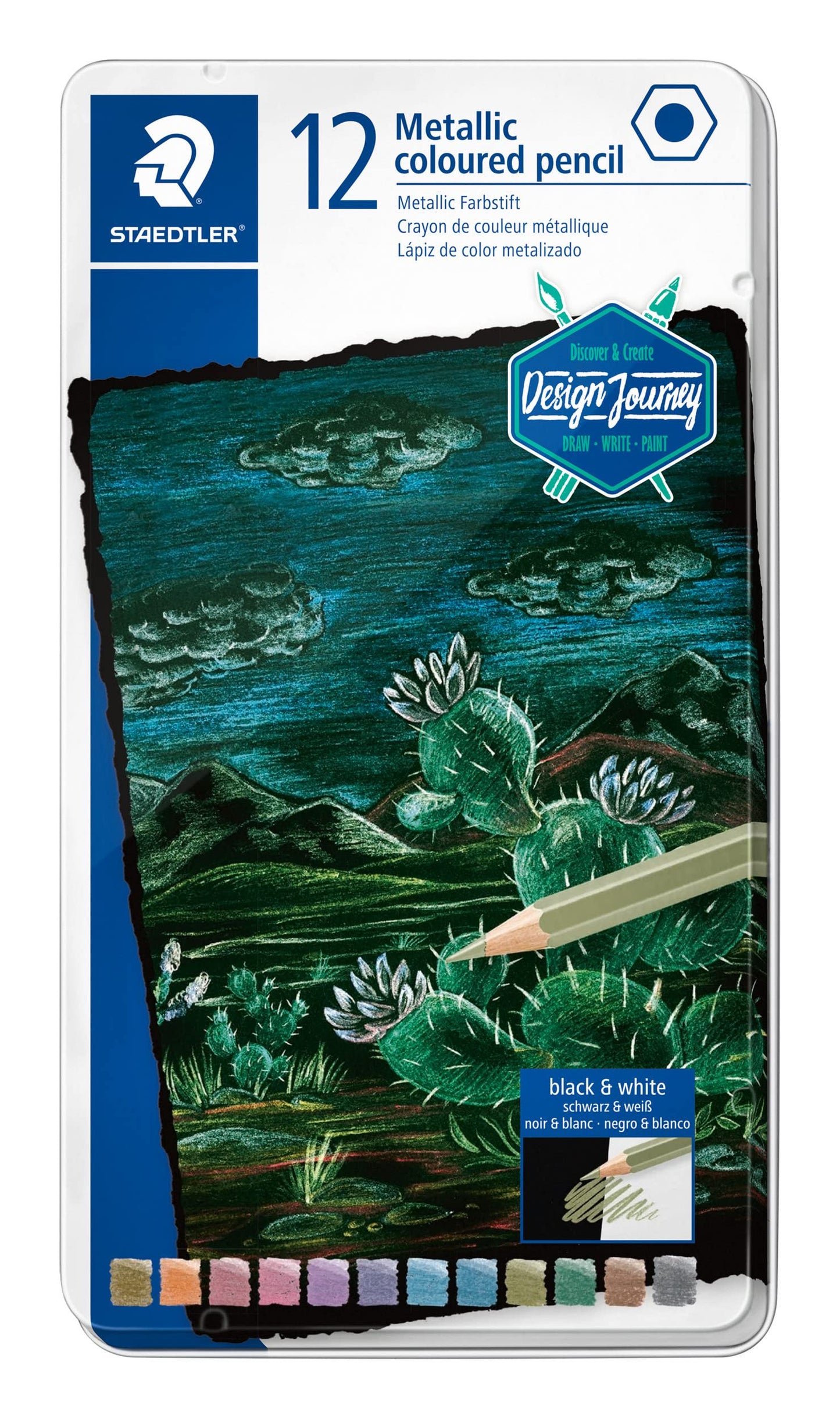 Staedtler Design Journey Metallic Coloured Pencils 12 Colours in Metal Case