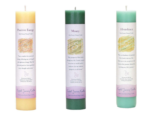 Crystal Journey Reiki Charged Herbal Magic Pillar Candle with Inspirational Labels - Wealth and Health Bundle of 3(Positive Energy, Money, Abundance) Each 7"x1.5" (1)