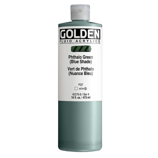 Fluid Acrylics by GOLDEN, Phthalo Green (Blue Shade), 16 fl. oz. Bottle, Professional Acrylic Paint, Transparent