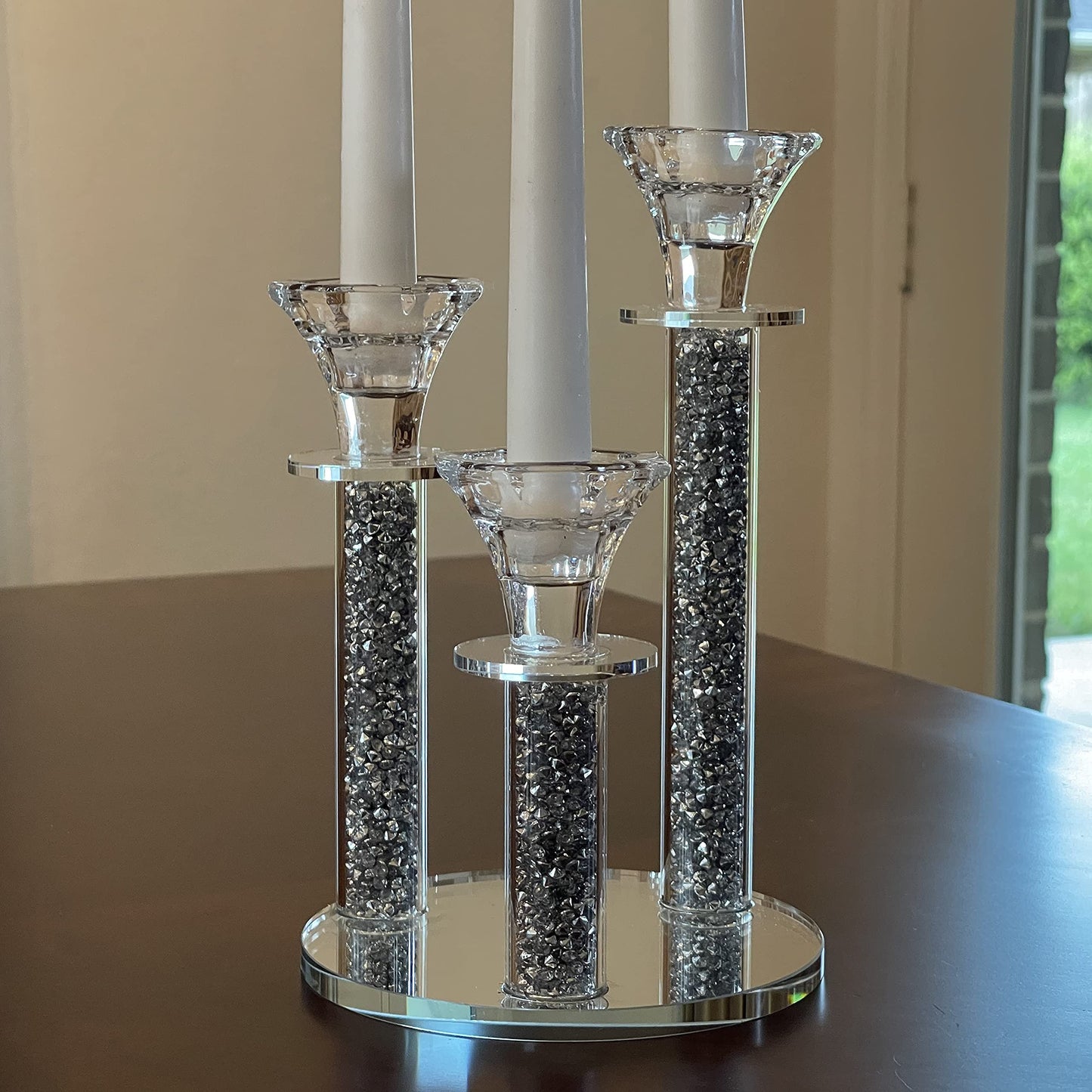 Allgala 9 Inch Tall 3-Pillar Filled with Diamond Like Stone Filled Crystal Candlesticks with Mirror Base