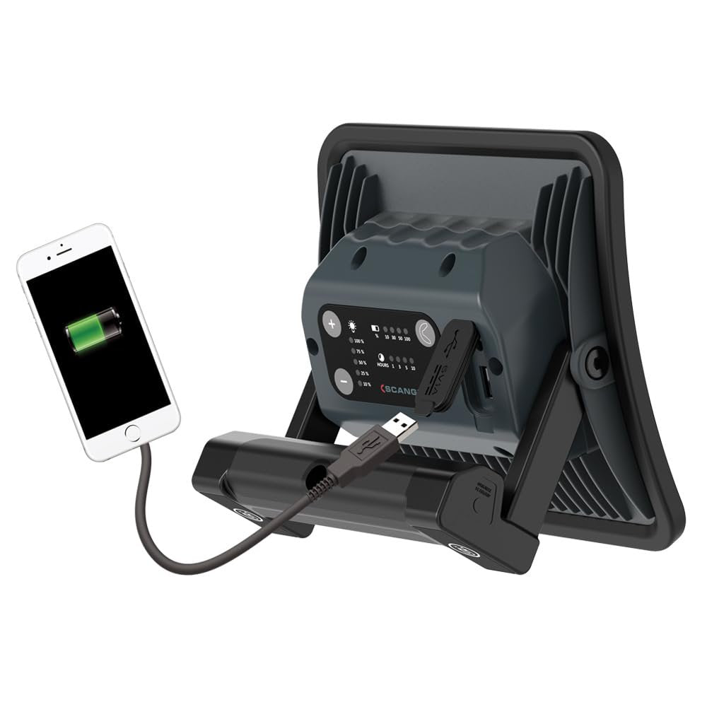 SCANGRIP NOVA R, Rechargeable COB LED Floodlight, 2000 Lumen, Handheld, 5 Step Dimming, Powerful Built-in Magnet, Waterproof (IP67), Long Operating Time, Slim and Compact, Built-in Power Bank with USB
