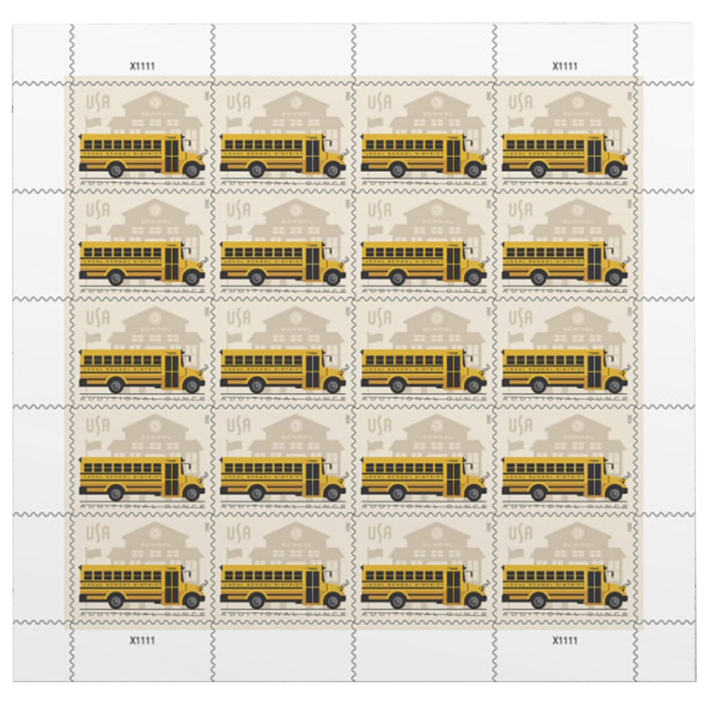 School Bus Additional Ounce USPS Postage Stamps 1 Sheet of 20 Students Children Teachers Celebration Party Announcement (20 Stamps)