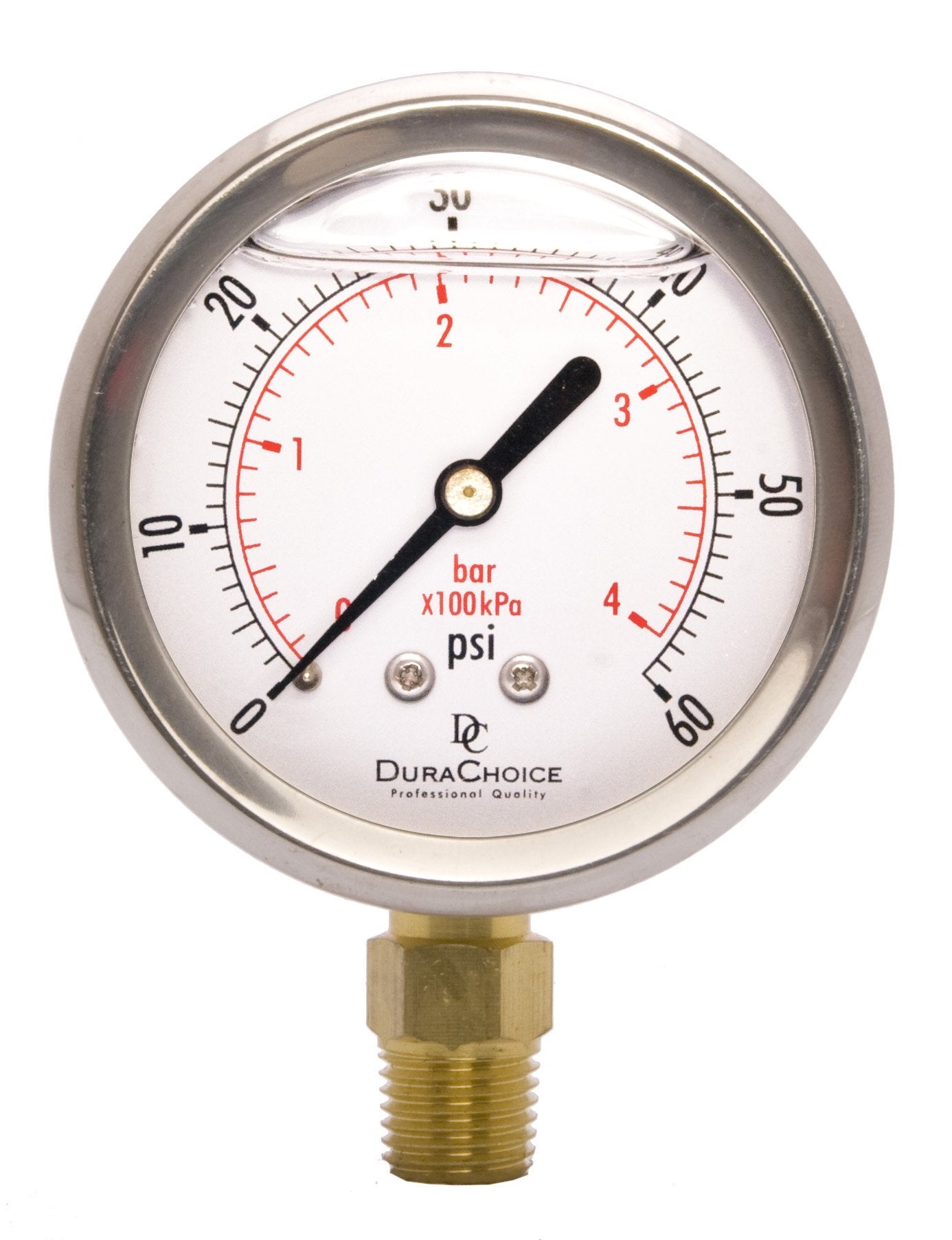 2-1/2" Oil Filled Pressure Gauge - Stainless Steel Case, Brass, 1/4" NPT, Lower Mount Connection, 0-100