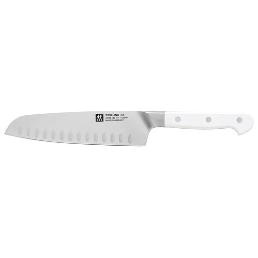 ZWILLING Pro Le Blanc 7-inch Slim Hollow Edge Santoku Knife, Razor-Sharp Blade, White Polymer Handle, Made in Germany