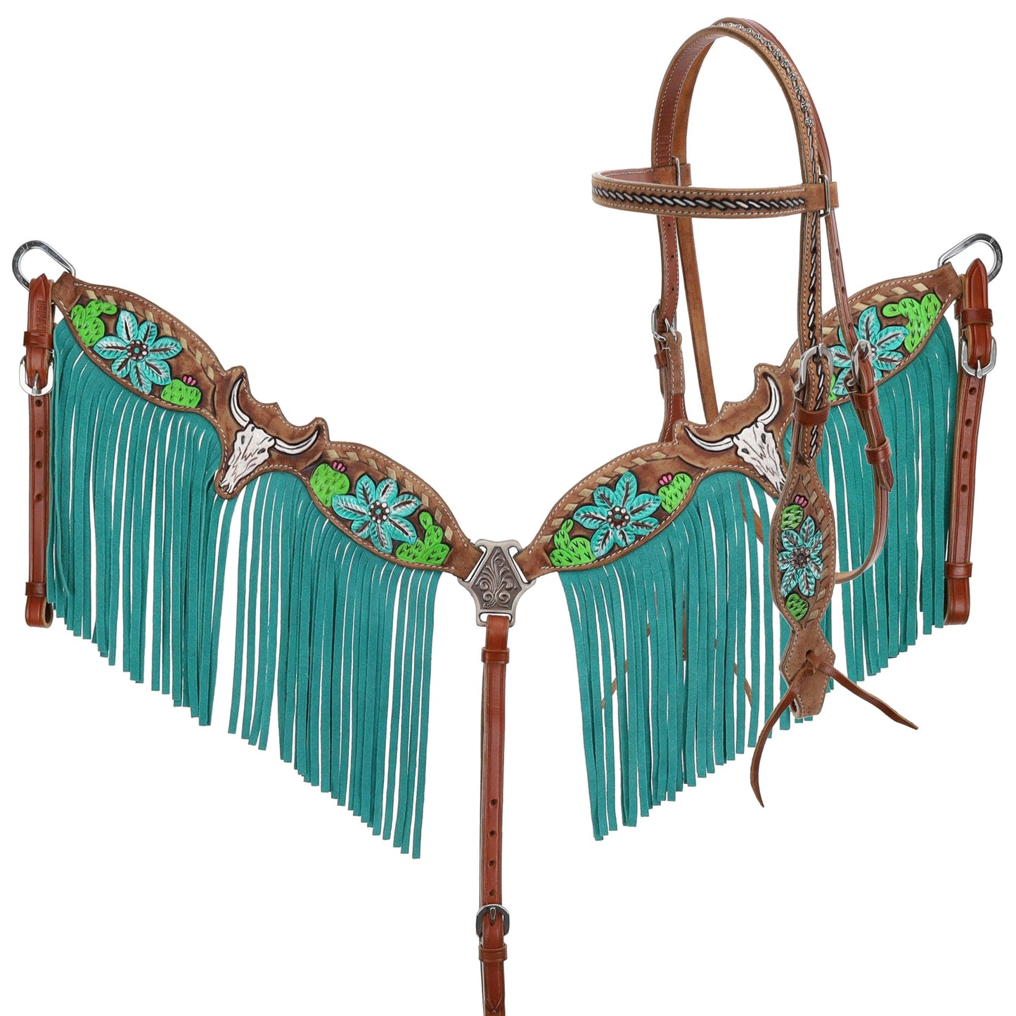 Showman Steer Skull & Cactus Leather Headstall & Breast Collar Set w/Fringe