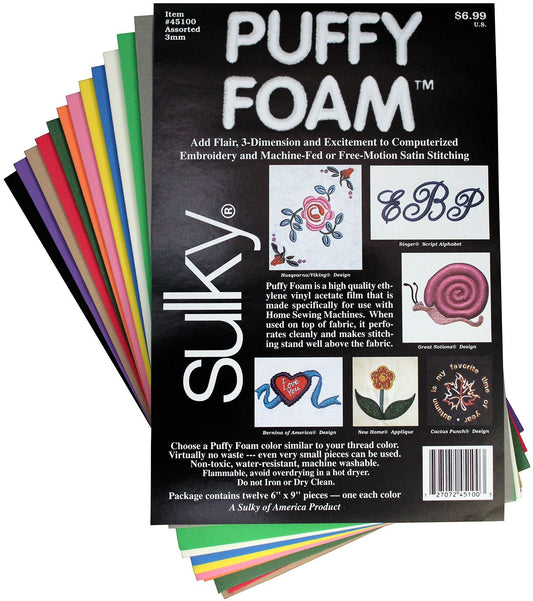 Sulky Of America 12 Color 2mm Puffy Foam Assortment, 6" by 9"