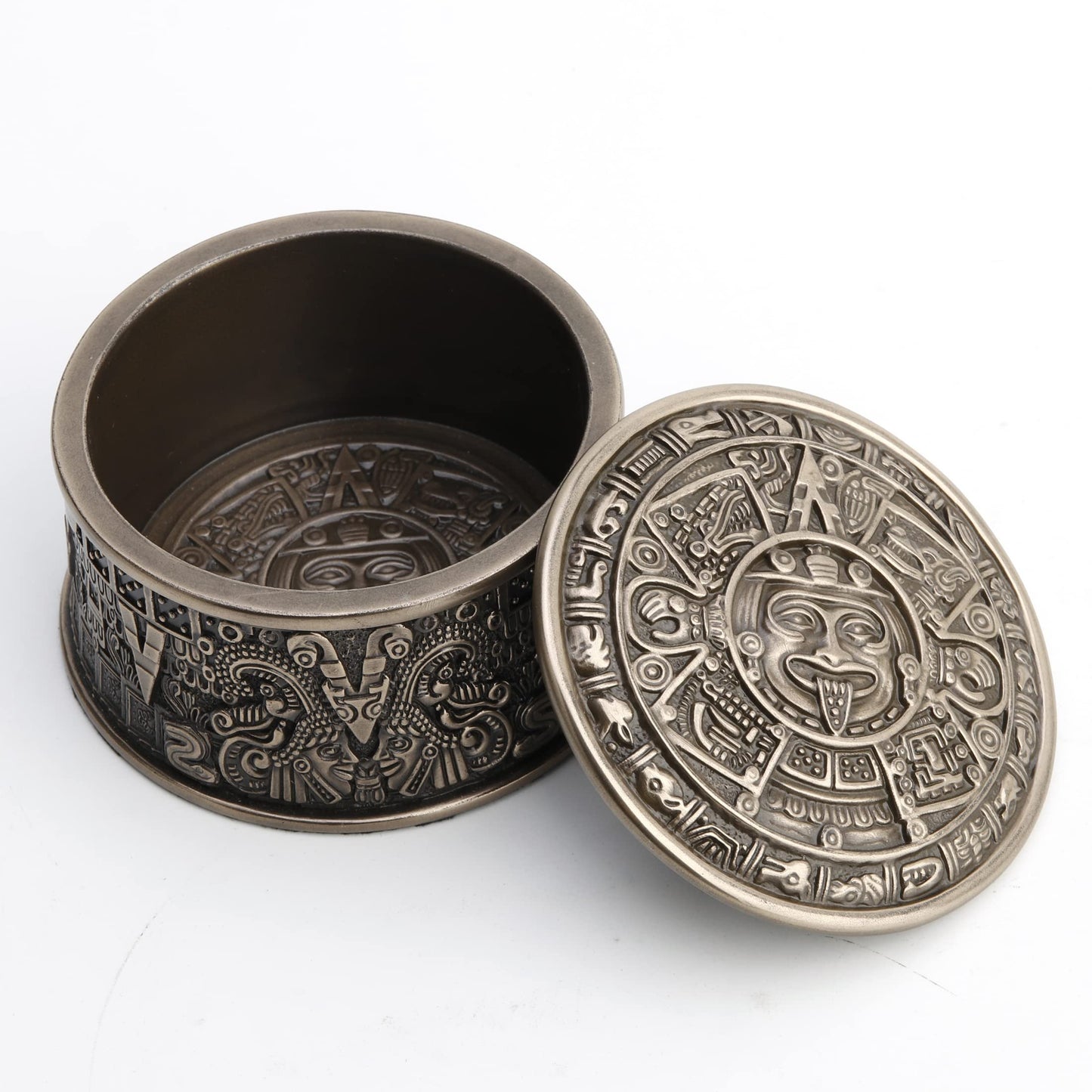 Veronese Design 2 3/8" Tall Aztec Sun Stone Round Trinket Box Antique Bronze Finish Resin Sculpture