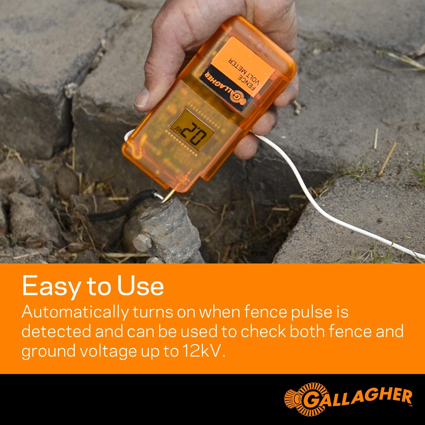 Gallagher Digital Electric Fence Volt Meter | Fence Line Voltage Tester with Ground Rod | Reads 0–12kV for Battery & Mains Energizers | Waterproof, Auto Turn-On, Accurate and Easy to Use